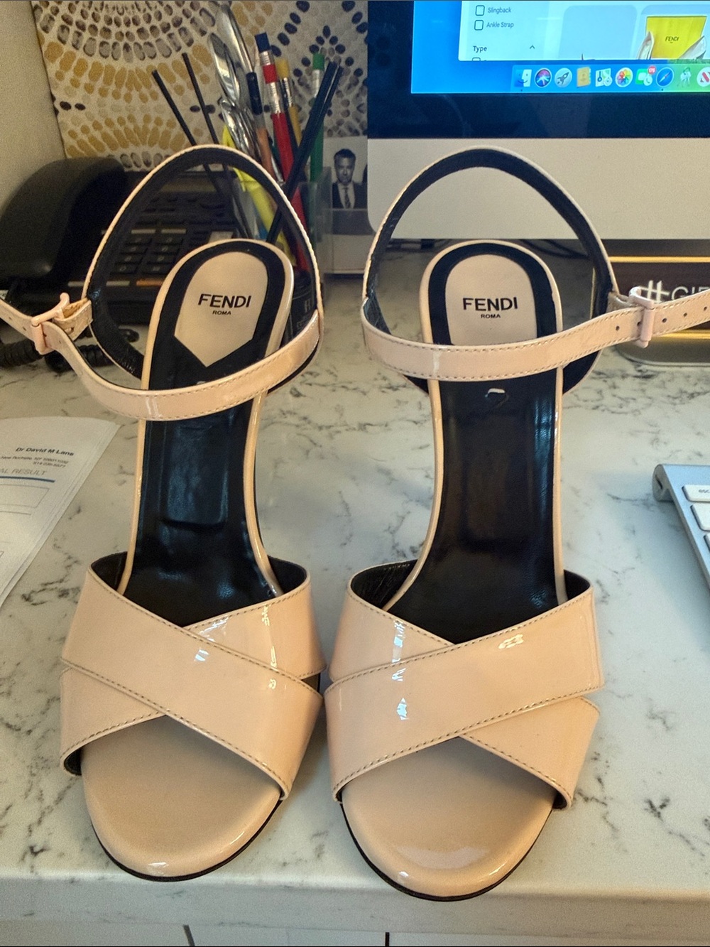 Fendi pink patent leather with gun metal heel